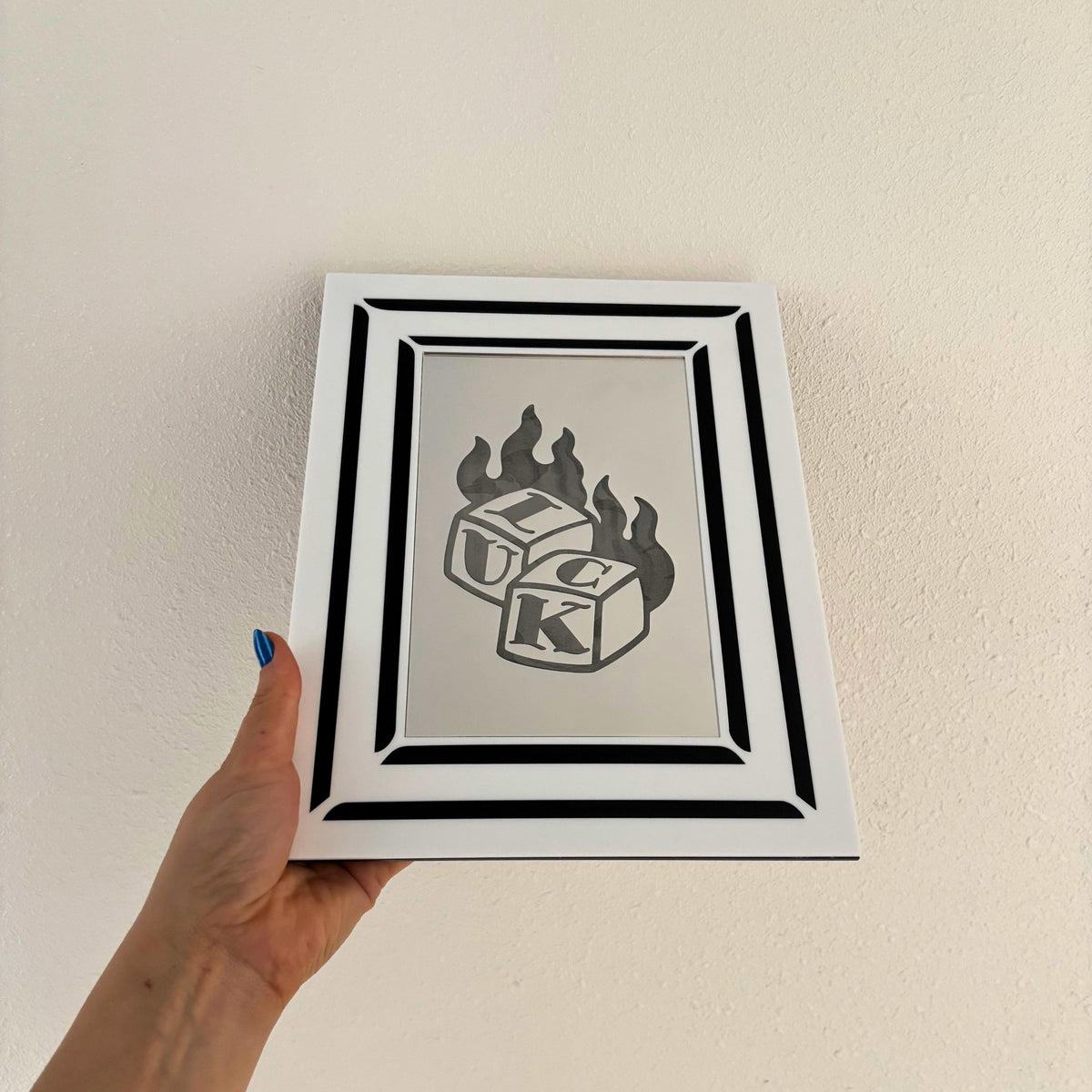 Engraved Flaming Lucky Dice Mirror