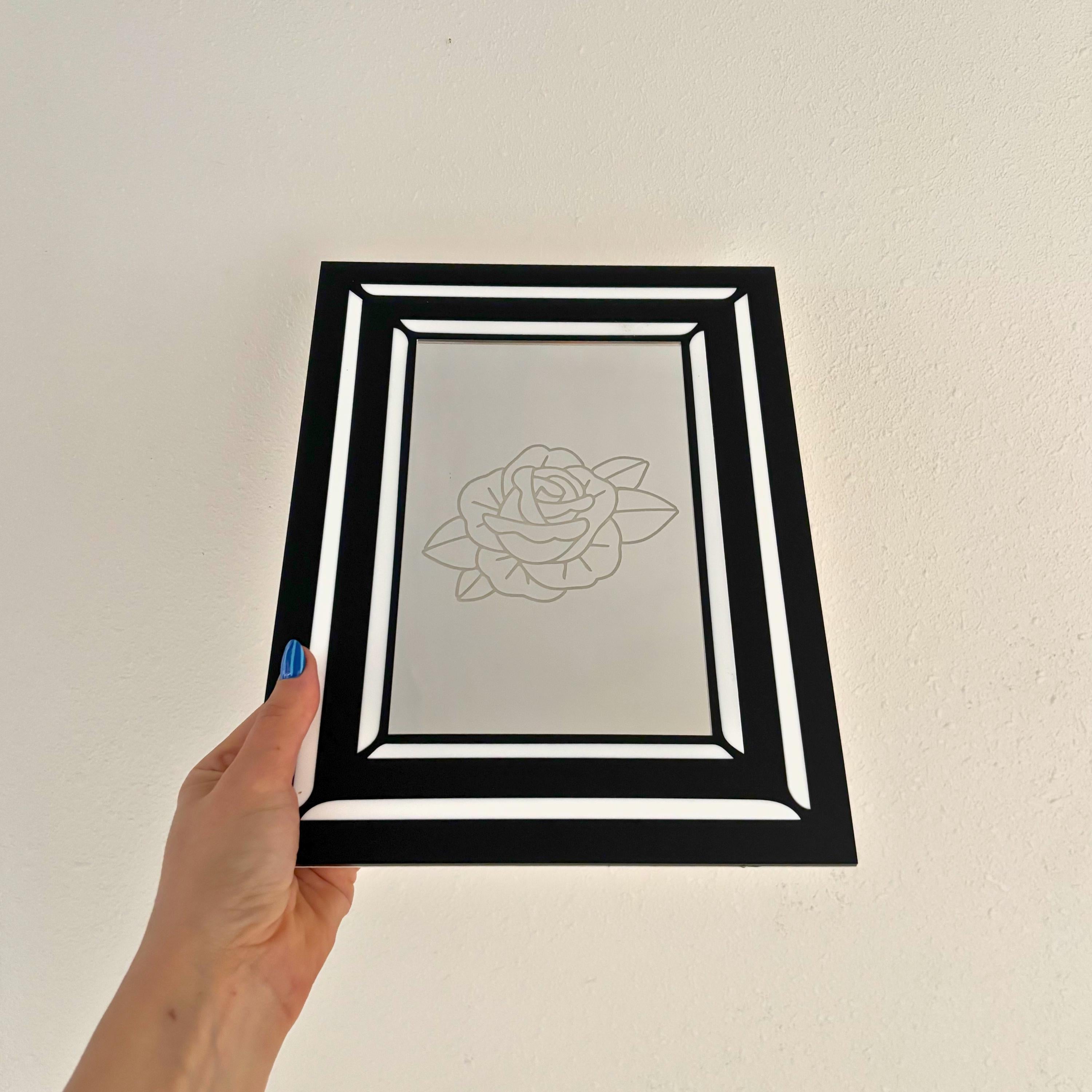 Engraved Traditional Tattoo Rose Mirror